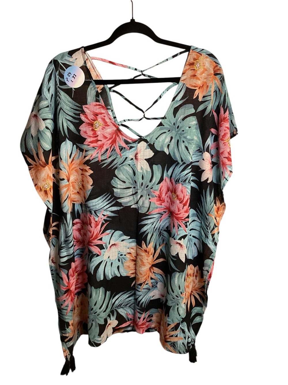 Kona Sol Floral Swim Coverup in Black with Pink, Orange & Teal Floral Print